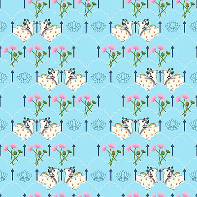 Royalty-Free and Rights-Managed Images -  pichwai Cow and Lotus Pattern - Sky Blue by Studio Grafiikka