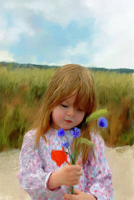 Portraits Paintings - Picking Cornflowers by Portraits By NC