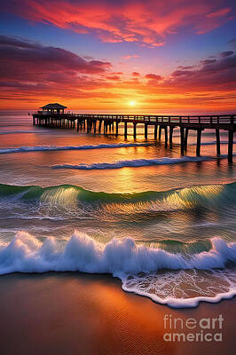 Beach Digital Art - Pier Over Ocean at Sunrise by Kaye Menner by Kaye Menner