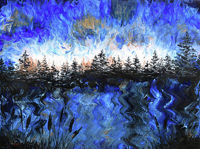 Abstract Landscape Paintings - Pine Trees at Twilight in Blue and Copper by Laura Iverson