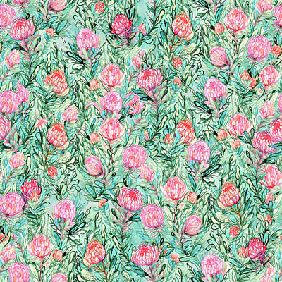 Royalty-Free and Rights-Managed Images - Pink flowers and leaves on sage green background. Watercolor seamless pattern.  by Julien