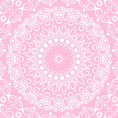 Coy Fish Michael Creese Paintings - Pink on White Mandala Kaleidoscope Medallion by Mercury McCutcheon