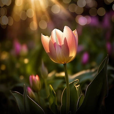 Lilies Digital Art - Pink Tulip at Sunrise V by Lily Malor