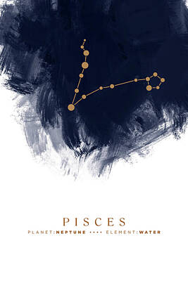 Mixed Media - Pisces Zodiac Sign - Minimal Print - Zodiac, Constellation, Astrology, Good Luck, Night Sky - Blue by Studio Grafiikka