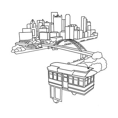 Skylines Drawings - Pittsburgh City Skyline Incline Geometric Line Art Black White Print by Aaron Geraud