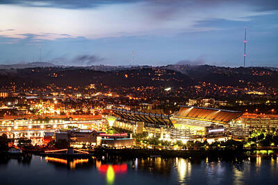 Sports Photos - Pittsburgh Football Stadium And City Lights At Dusk by Gregory Ballos