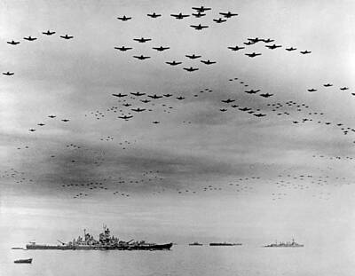 Transportation Royalty Free Images - Planes Flying In Formation Over Allied Fleets - Surrender Of Japan - 1945 Royalty-Free Image by War Is Hell Store