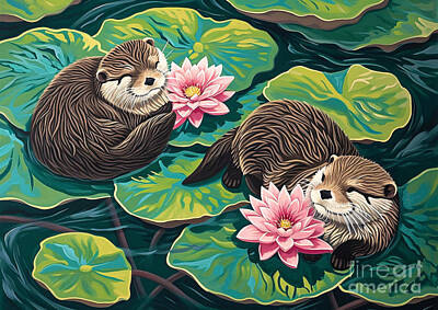 Lilies Digital Art - Pond Serenity Otters Floating on Lily Pads in a Peaceful Pond by Rhys Jacobson