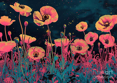 Paintings - Poppy Pop Art Midnight Starry Night Midnight Poppy flowers presented in a bold and vibrant pop art style under the starry night during the midnight hour by Eldre Delvie