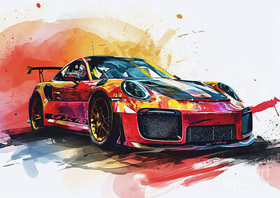 Sports Paintings - Porsche 911 GT2 RS Weissach Package watercolor abstract vehicle by Clark Leffler