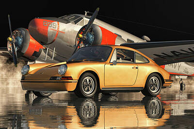 Lighthouse - Porsche 911 orange color with airplane by Jan Keteleer