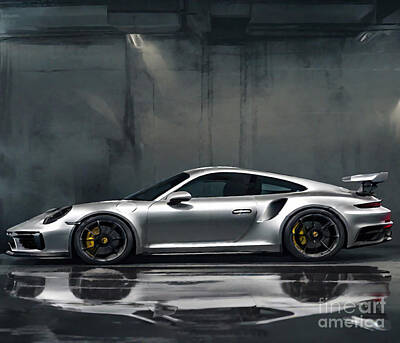 Sports Mixed Media - Porsche 911 Turbo S 2021 Side View Silver Sports Coupe Sports Car by Cortez Schinner