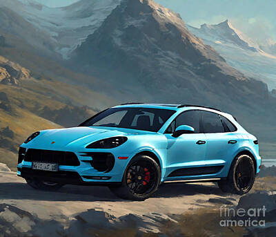 Landscapes Drawings - Porsche Macan Gts 2021 Mountain Landscape Sport Utility Vehicle New Light Blue Macan Gts by Cortez Schinner