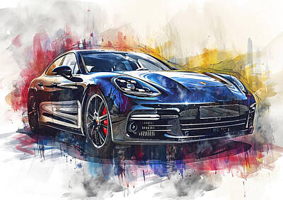 Sports Paintings - Porsche Panamera watercolor abstract vehicle by Clark Leffler