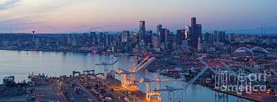 Cities Rights Managed Images - Port of Seattle to Downtown and the Space Needle at Dusk Royalty-Free Image by Mike Reid