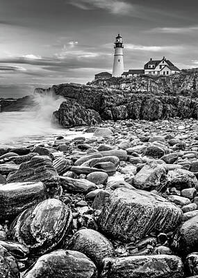 Royalty-Free and Rights-Managed Images - Portland Head Light and Crashing Waves in Black and White by Gregory Ballos
