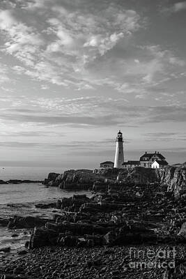 Halloween Elwell Royalty Free Images - Portland Head Light at Sunrise in Black and White Royalty-Free Image by Diane Diederich