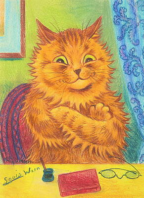 Mammals Drawings - Portrait Of A Literary Orange Cat By Louis Wain by Louis Wain
