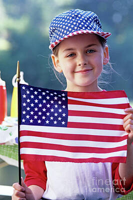Childrens Room Animal Art - Portrait Of Girl Holding The American Flag by Jim Corwin