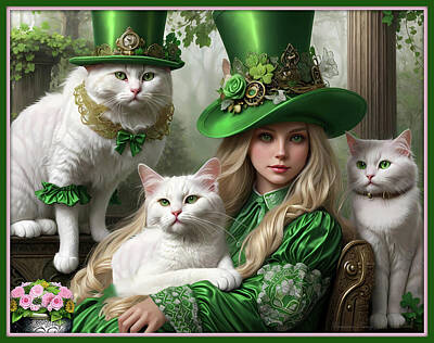 Surrealism Royalty Free Images - Portrait of Woman With White Cats Royalty-Free Image by Constance Lowery