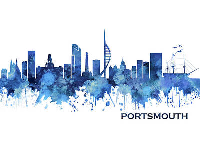 Abstract Skyline Mixed Media - Portsmouth England Skyline Blue by NextWay Art