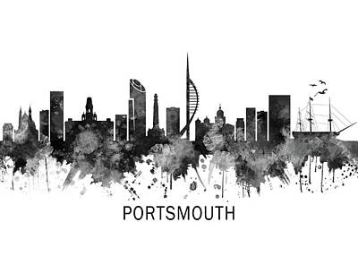 City Scenes Mixed Media - Portsmouth England Skyline BW by NextWay Art
