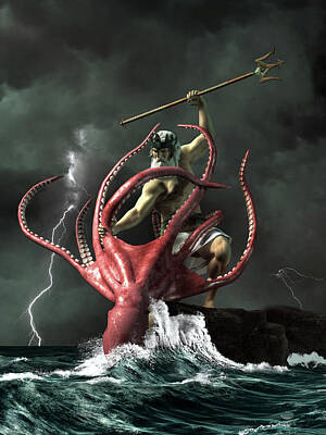 Fantasy Digital Art - Poseidon vs. the Kraken by Daniel Eskridge