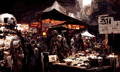 Science Fiction Paintings - Post-Apocalyptic street market, 06 by AM FineArtPrints