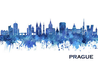 Abstract Skyline Mixed Media - Prague Czech Republic Skyline Blue by NextWay Art