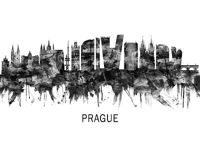 City Scenes Mixed Media - Prague Czech Republic Skyline BW by NextWay Art