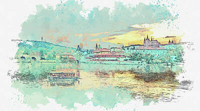 Landmarks Royalty Free Images - Prague, Czech Republic, watercolor, by Ahmet Asar Royalty-Free Image by Celestial Images