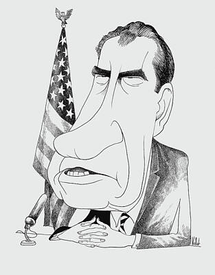 Politicians Drawings Rights Managed Images - President Richard Nixon Caricature - Edmund Valtman - Circa 1970 Royalty-Free Image by War Is Hell Store