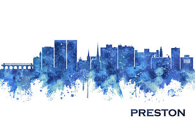 Cities Mixed Media Royalty Free Images - Preston England Skyline Blue Royalty-Free Image by NextWay Art