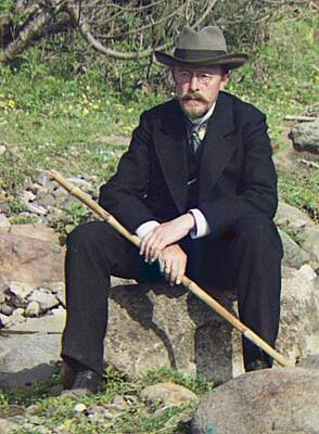 Florals Paintings - Prokudin Gorsky seated on a rock holding a walking cane Sergei Prokudin-Gorskii by MotionAge Designs