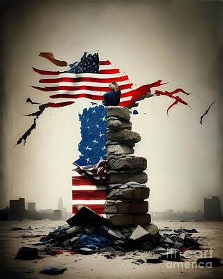 Surrealism Mixed Media Rights Managed Images - Proudly Build on America-  Surreal Artwork of the American Flag and Crumbling Bricks Royalty-Free Image by Artvizual Premium