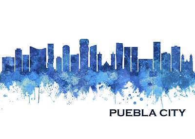 Abstract Skyline Mixed Media - Puebla City Mexico Skyline Blue by NextWay Art