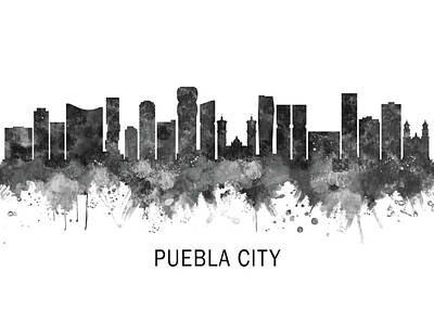 Abstract Skyline Mixed Media - Puebla City Mexico Skyline BW by NextWay Art
