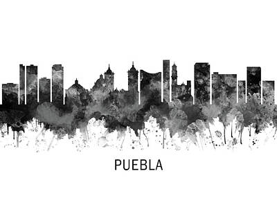 Landmarks Mixed Media - Puebla Mexico Skyline BW by NextWay Art