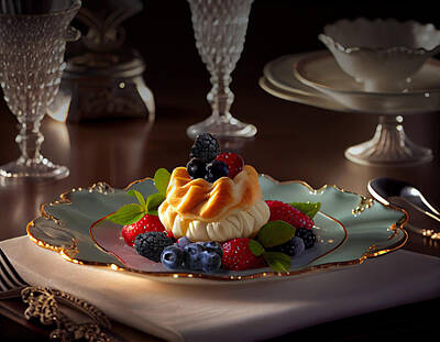Lilies Digital Art - Puff Pastry with Cream and Mixed Berries by Lily Malor