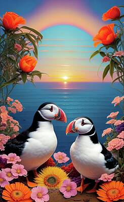 Abstract Flowers Digital Art - Puffins by Tricky Woo
