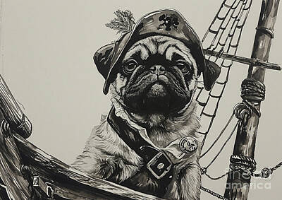 Lamborghini Cars Royalty Free Images - Pug Plunder Baby Pug in Pirate Form on a Pirate Ship, Inked Royalty-Free Image by Adrien Efren