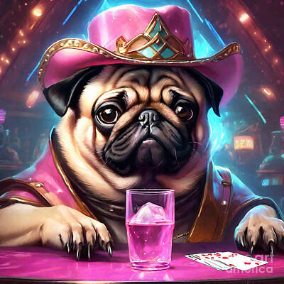 Beer Painting Rights Managed Images - Pug Pugs Pub Squished Snouts and Stout Sips  Royalty-Free Image by Adrien Efren