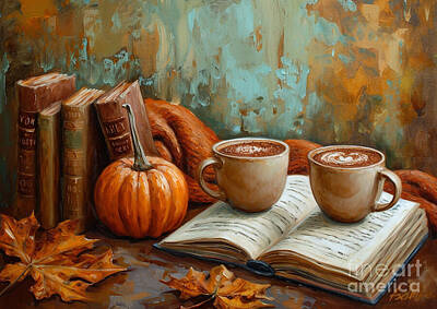 Still Life Royalty-Free and Rights-Managed Images - Pumpkin Spice Latte and Cozy Book Club Scenes of a book club meeting in a cozy setting with pumpkin spice lattes by Eldre Delvie