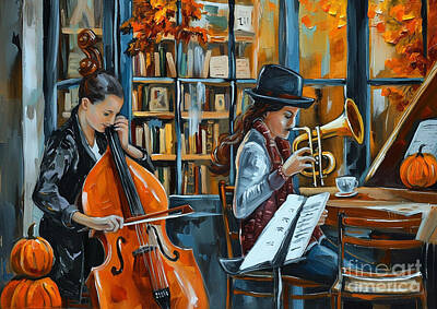 Musician Royalty-Free and Rights-Managed Images - Pumpkin Spice Latte and Cozy Bookstore Jazz Night A delightful evening of jazz music and literature in a charming bookstore with pumpkin spice lattes by Eldre Delvie