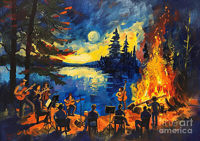 Musicians Paintings - Pumpkin Spice Latte and Lakeside Bonfire Music Jam in Winter Midnight A winter midnight music jam session around a lakeside bonfire with friends enjoying the warmth of pumpkin spice lattes by Eldre Delvie