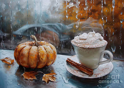 Still Life Royalty-Free and Rights-Managed Images - Pumpkin Spice Latte and Rainy Window Scenes of enjoying a pumpkin spice latte while gazing out of a rainstreaked window by Eldre Delvie