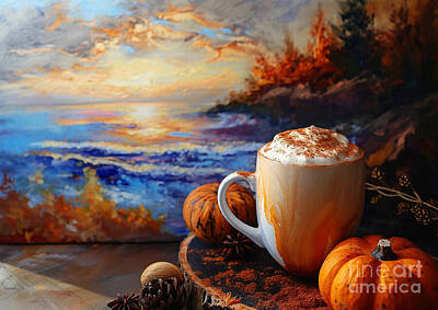 Food And Beverage Paintings - Pumpkin Spice Latte and Sunset Painting Session Painting a beautiful sunset scene while sipping on a pumpkin spice latte by Eldre Delvie