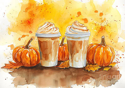 Food And Beverage Paintings - Pumpkin Spice Latte and Watercolor Painting Artistic scenes of painting watercolors inspired by pumpkin spice lattes by Eldre Delvie
