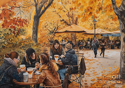 Food And Beverage Paintings - Pumpkin Spice Latte in the Park People enjoying pumpkin spice lattes in a picturesque autumn park by Eldre Delvie
