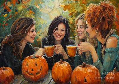 Food And Beverage Paintings - Pumpkin Spice Latte with Friends Joyful scenes of friends enjoying pumpkin spice lattes together by Eldre Delvie